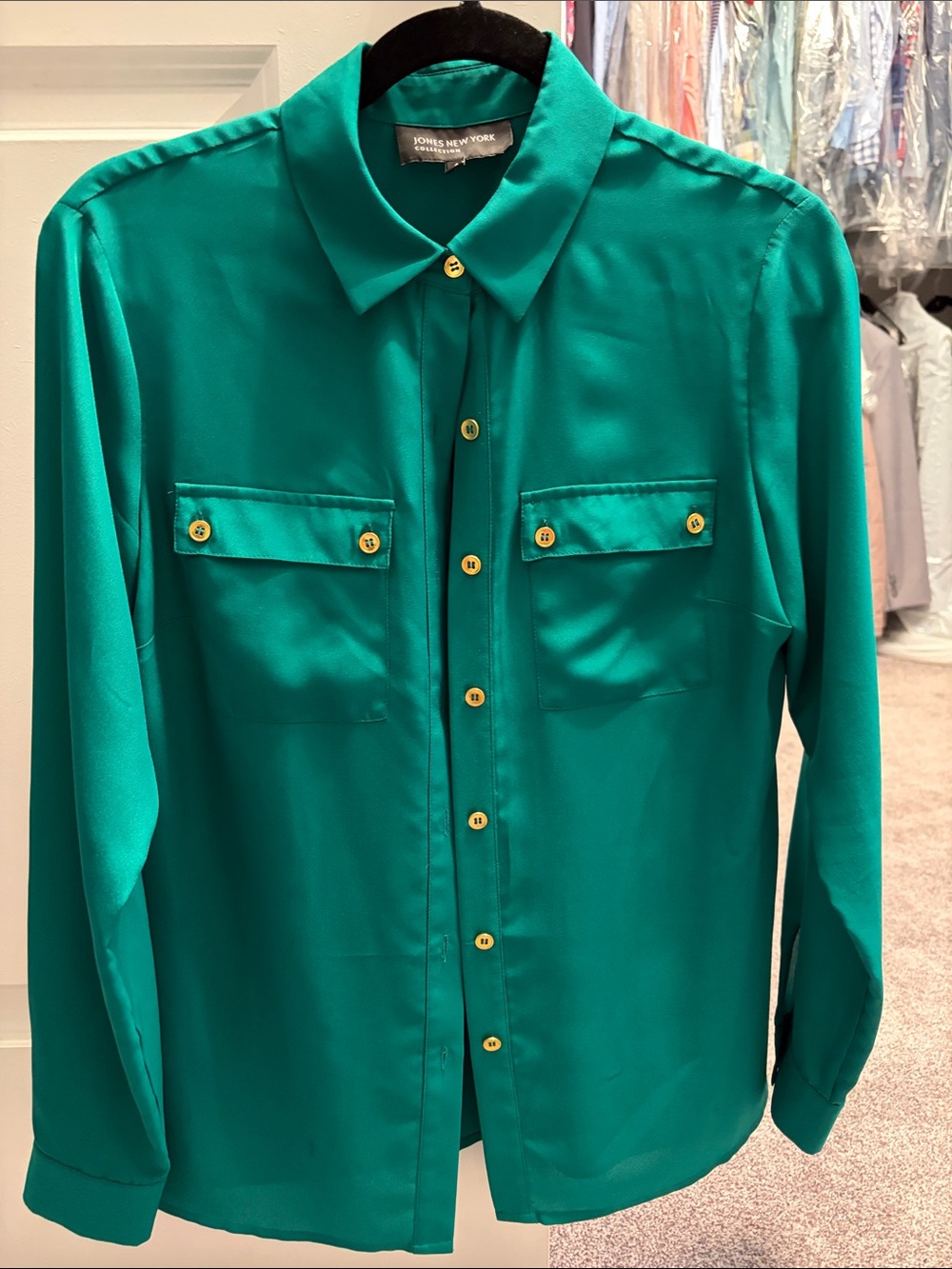 Jones New York Teal Button-Front Casual Shirt with Gold Buttons